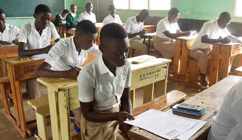 O-Level candidates in an examination room at Groupe Scolaire Kicukiro in Kicukiro District on Day 1 of the ongoing national examinations on Tuesday. The Ministry of Education has recorded a total of 1170 absentees who missed the 2018 secondary school leaving exams. Frederic Byumvuhore.