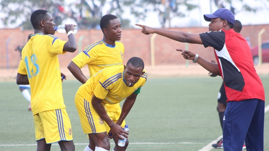 Abdu Mbarushimana gives instructions to his players during a past league match at Muhanga Stadium. File photo.