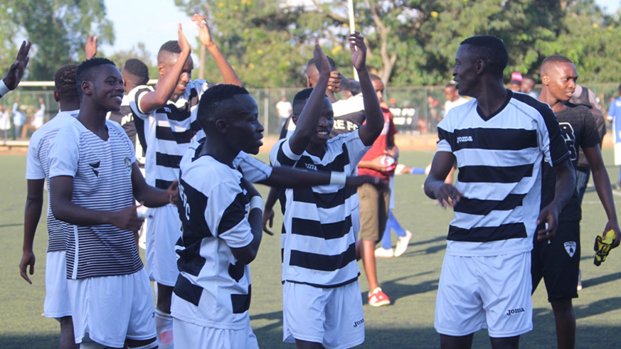 Intare FC players celebrate after beating Unity FC 1-0 in a league match at Kicukiro Stadium last season. File photo.