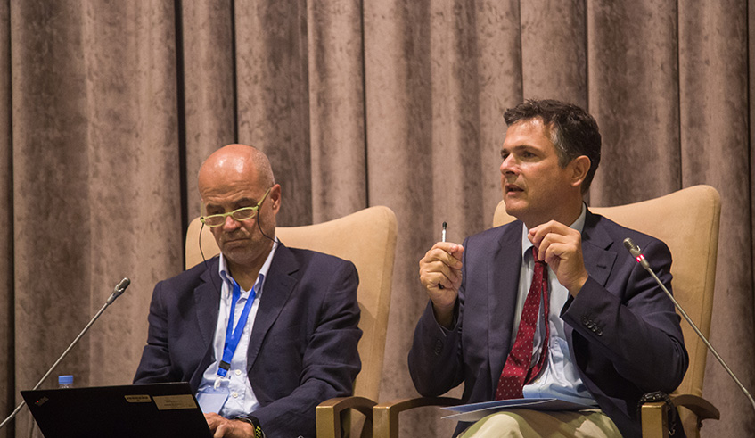 Emmanuel de Merode, the director of Virunga National Park, speaks during the meeting on the Greater Virunga Landscape as Daniel Ruiz, Representative of the United Nations Organization Stabilization Mission in the Democratic Republic of the Congo (MONUSCO), looks on yesterday. Nadege Imbabazi.