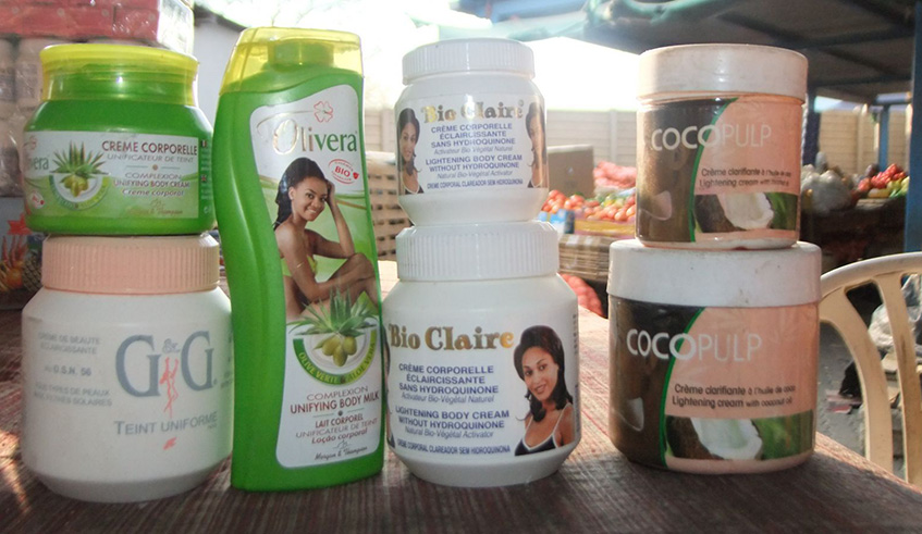 Some of the skin bleaching products found on the Rwandan market. Net photo.