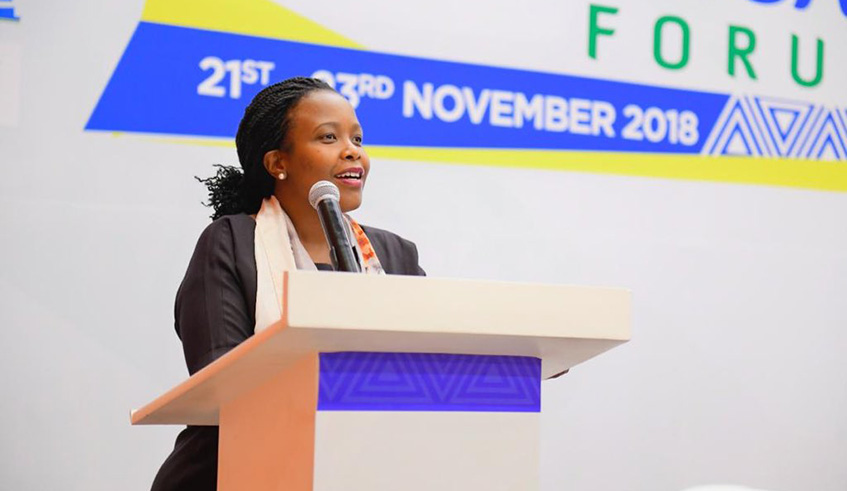RDB CEO Clare Akamanzi makes her remarks during the forum's closing ceremony on Friday. / Eddie Nsabimana