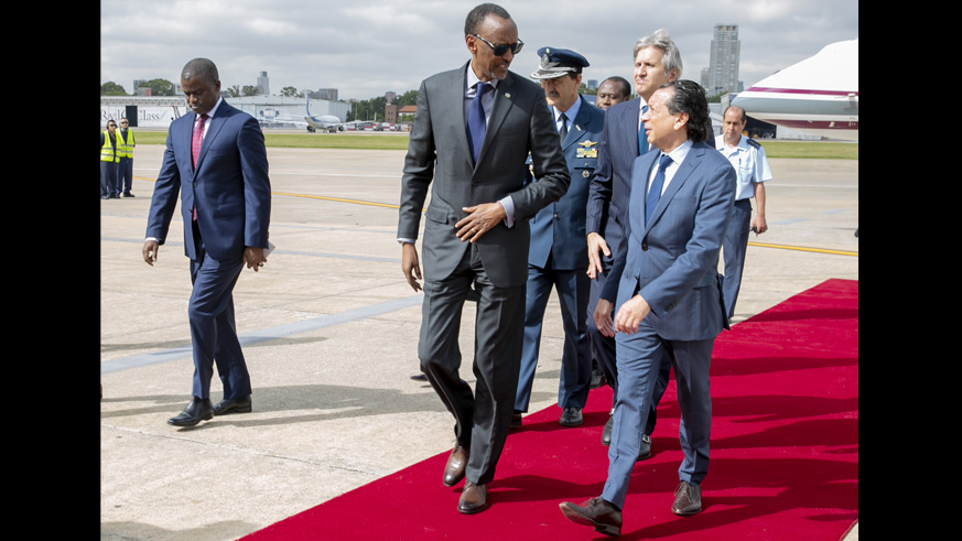 President Kagame is received by Dante Sica, Argentinau2019s Minister for Production and Labour, on the Presidentu2019s arrival in Buenos Aires yesterday. Kagame is in South America to attend the G20 Leadersu2019 Summit that starts today. Village Urugwiro.