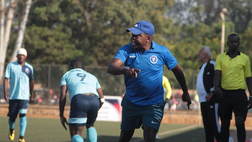Police FC head coach Albert Joel Mphande shouts instructions to his players during a past league match against APR at Kicukiro Stadium. File photo.