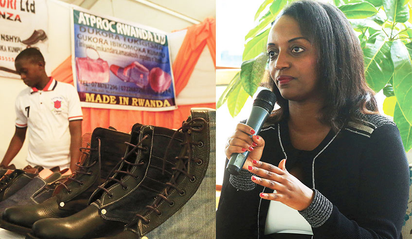 Locally made shoes on display at Gikondo Expo Grounds yesterday. Right, the Minister for Trade and Industry, Soraya Hakuziyaremye, addresses the media at the same venue Wednesday. The minister said more effort is needed by both the government and the Private Sector Federation to improve on the quantity and quality of locally made products. Sam Ngendahimana