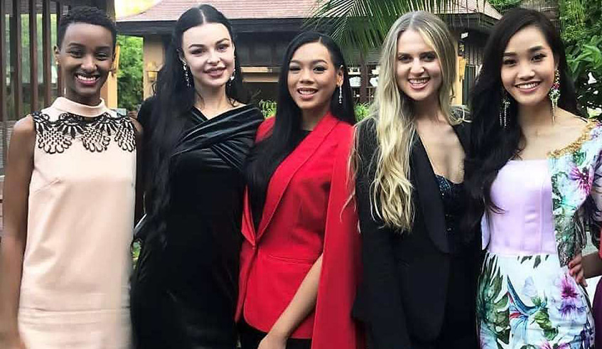 Miss Rwanda 2017, Liliane Iradukunda (left) with some of the contestants she is vying with the Miss World 2018 crown.