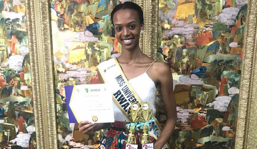 Shanita Umunyana poses with her trophies at the ongoing Miss University Africa 2018 beauty pageant. Courtesy photos.