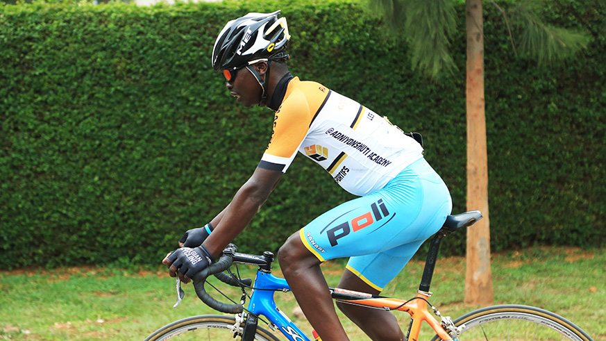 Areruya 's young brother Bernabe Gahemba guring a break away. he was riding in Juniors category