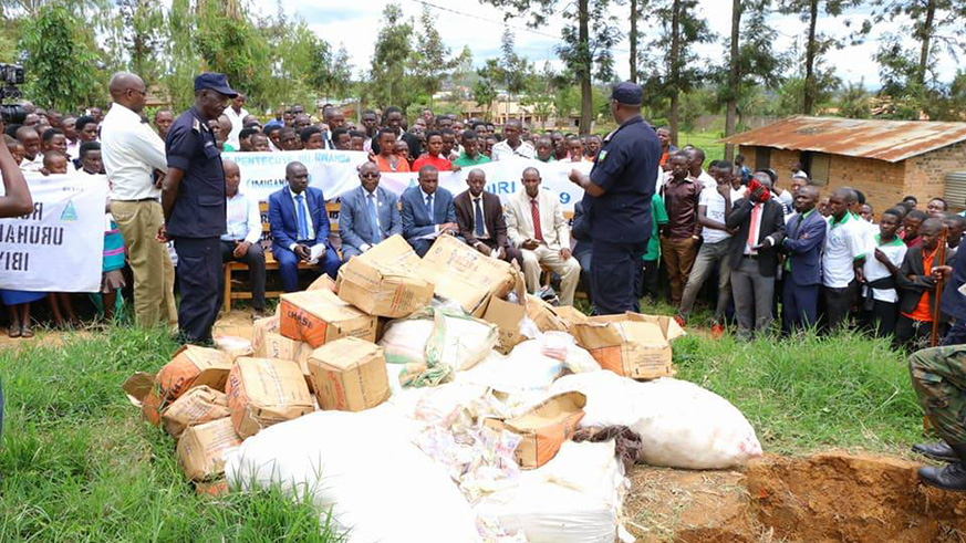 Police and government officials burn drugs recently. The government uses over Rwf7 billion annually on fighting and treating drug abuse. Emmanuel Kwizera.