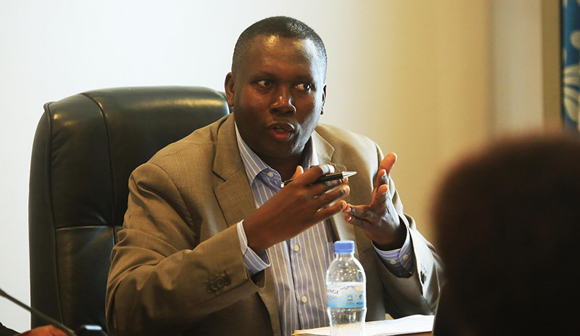 Franu00e7ois-Xavier Gasore, the representative of the affected accountants, addresses the parliamentary Standing Committee on Budget and National Patrimony in Kimihurura yesterday. Sam Ngendahimana.