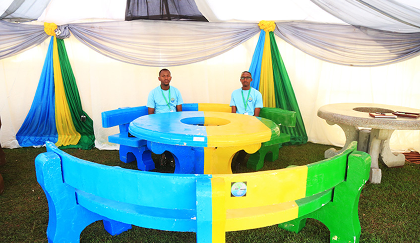 IPRC-Musanze graduates Erie Nshimiyimana and Tharcisse Ndahimana showcase their reinforced concrete garden furniture made out of cement at the just-concluded in Made-in-Rwanda Expo in Gikondo, Kigali. All photos by Sam Ngendahimana.