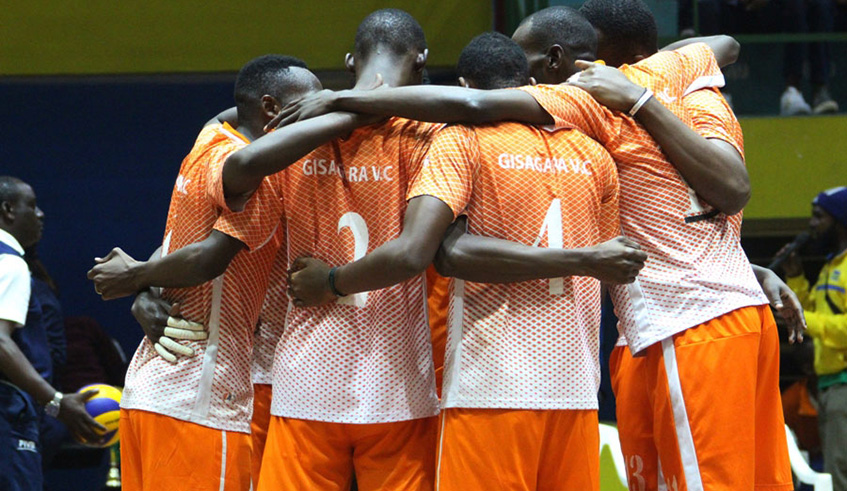 Gisagara players celebrate after beating REG in a past league match at Amahoro Indoor Stadium. File.