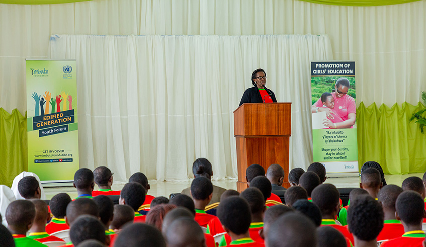 Her Excellency Mrs Jeannette Kagame addressing Imbuto Foundation's scholarships'recipients at the Edified Generation 2018 camp