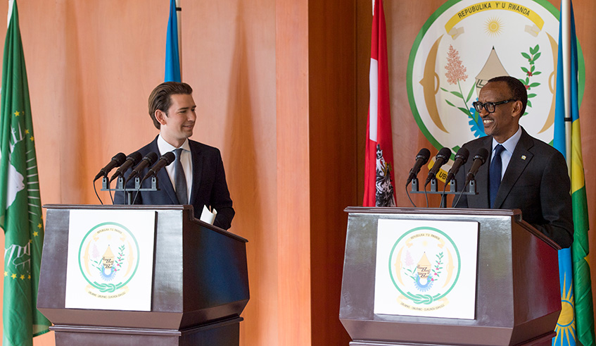 President Kagame and Austrian Chancellor Sebastian Kurz addressing a joint news conference at Village Urugwiro yesterday. The two leaders will co-host the Africa-Europe High Level Forum in Vienna later this month. Village Urugwiro.