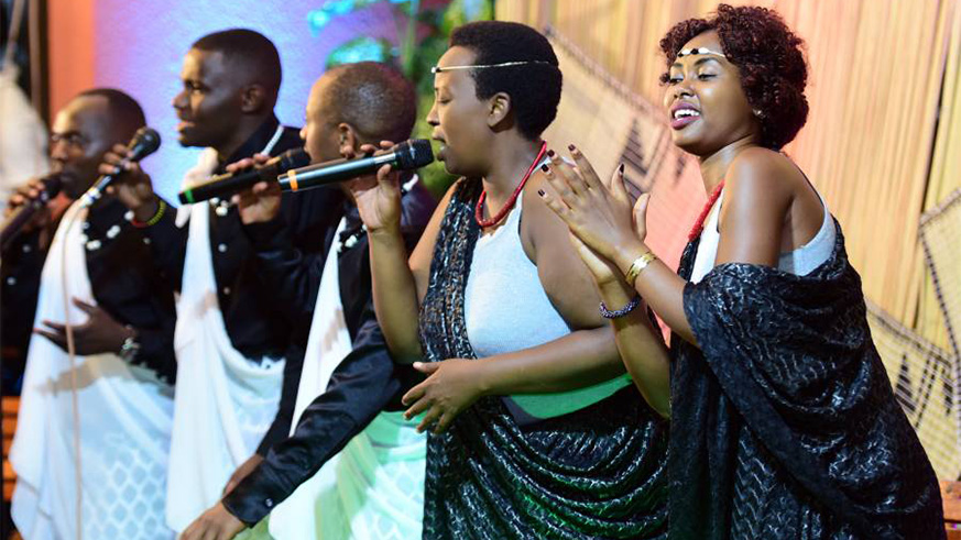 Ibrahim Cyusa leads members of his Inkera traditional troupe as they perform at a past event. The troupe comprises 14 talented gakondo musicians and dancers.