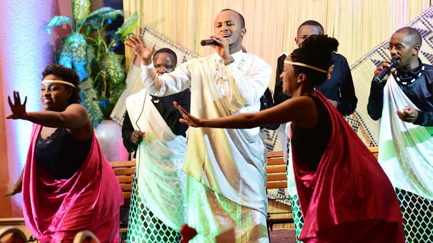 Ibrahim Cyusa leads members of his Inkera traditional troupe as they perform at a past event. The troupe comprises 14 talented gakondo musicians and dancers.