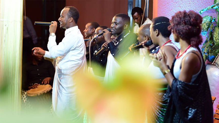 Ibrahim Cyusa leads members of his Inkera traditional troupe as they perform at a past event. The troupe comprises 14 talented gakondo musicians and dancers.