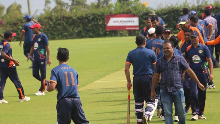 Telugu Royals players celebrate after beating Indorwa CC to win the 2017 league title at Gahanga Cricket Stadium. File photo.
