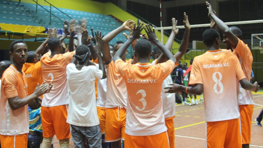 Gisagara Volleyball Club players celebrate after beating Rwanda Energy Group in a past league match at Amahoro Stadium. File photo.