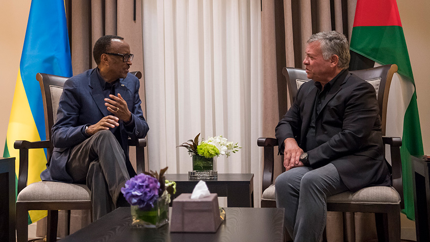 His Majesty King Abdullah II bin Al-Hussein of Jordan welcomes President Kagame to Aqaba, Jordan for the Aqaba Process meeting on East Africa. The Aqaba Meetings were launched by the King to maintain international and regional coordination and cooperation in the fight against terrorism within a holistic approach, and to discuss security challenges in regions around the world. Photo: Village Urugwiro.