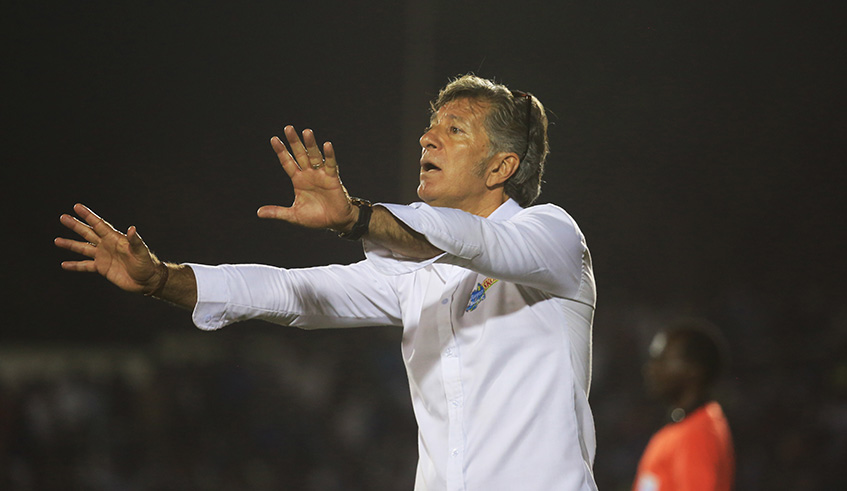 Rayon Sports head coach Roberto Oliveira u2018Robertinhou2019 Goncalves de Calmo communicates to his players during the match. The Brazilian has saluted his side after beating AS Kigali 1-0 at Kigali stadium on Sunday. Sam Ngendahimana.