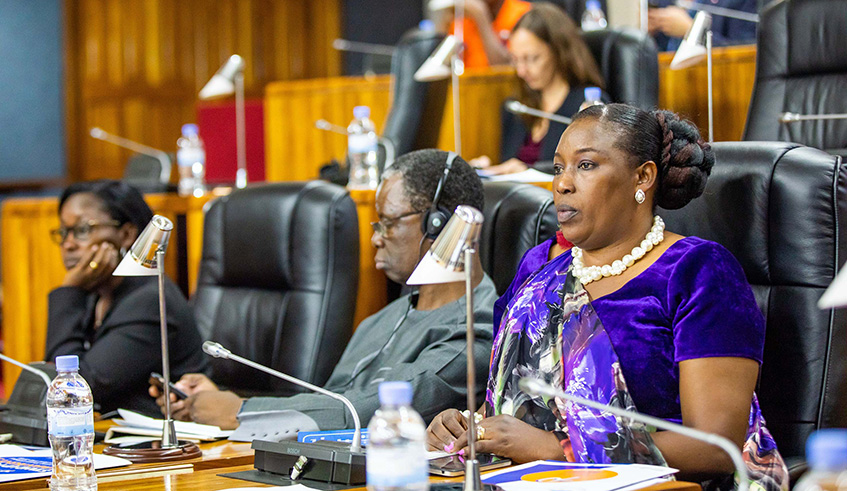 Madeleine Nirere, the Chairperson of the National Commission for Human Rights (NCHR), right; and Fodu00e9 Ndiaye, the UN Resident Coordinator for Rwanda during the celebration of the 70th anniversary of Universal Declaration of Human Rights at the Parliamentary Buildings in Kimihurura yesterday. NCHR officials and other rights activists have called on Rwandans to always stand up for their rights. Emmanuel Kwizera.