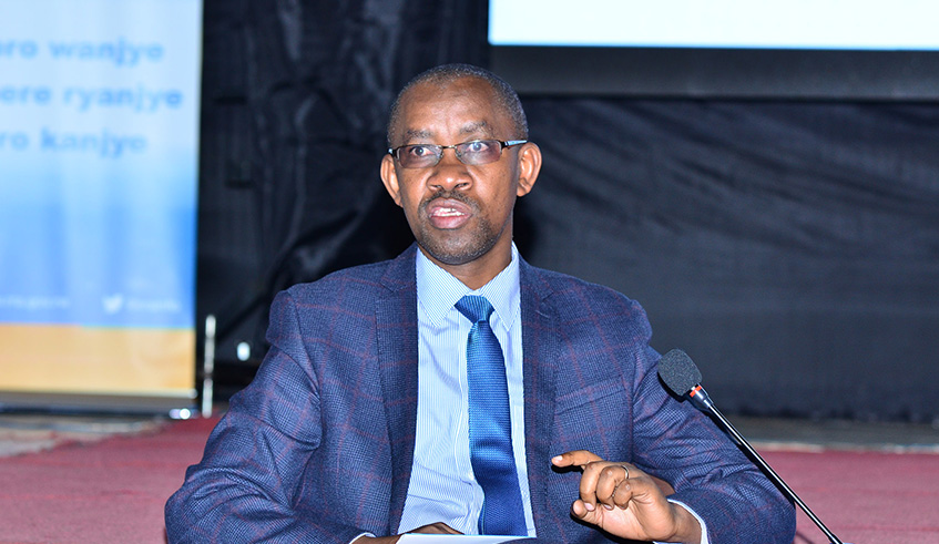 Pascal Bizimana Ruganintwali, the Commissioner General of Rwanda Revenue Authority, speaks during the meeting in Kigali yesterday. Emmanuel Kwizera.