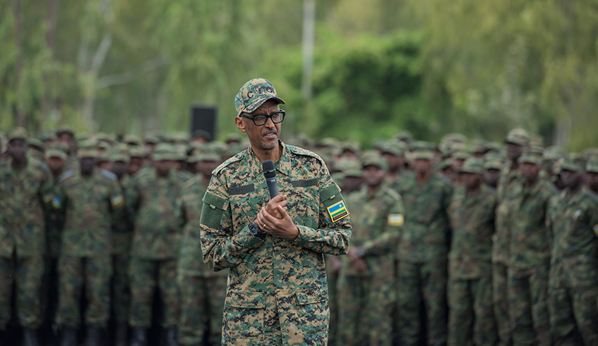 President Kagame addresses the troops during the RDF Combined Arms Field Training Exercise at the Rwanda Defence Forces Combat Training Centre in Gabiro, Eastern Province, yesterday. Village Urugwiro.