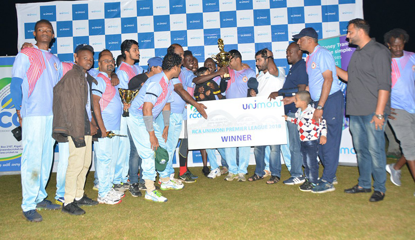 Challengers Cricket Club players celebrate after beating Telugu Royals to win the 2018 league title at Gahanga Cricket Oval on Sunday. Courtesy.