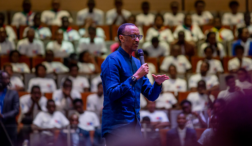 President Kagame addresses delegates during the sixth edition of the annual YouthConnekt Convention in Rusororo Sector, Gasabo District yesterday. The President reminded the youth of the importance of having the right mindset and building the right character and identity. Village Urugwiro.