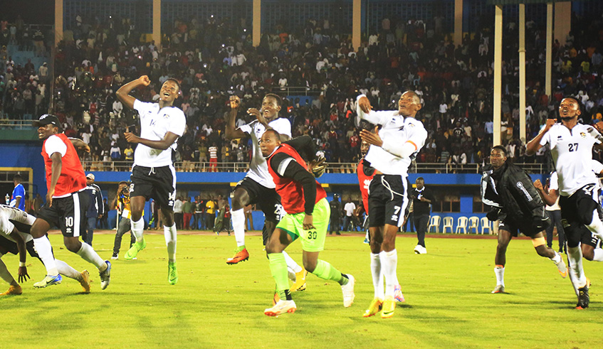 APR Players celebrate after beating Rayon Sports 2-1 at Amahoro National Stadium yesterday. Sam Ngendahimana.