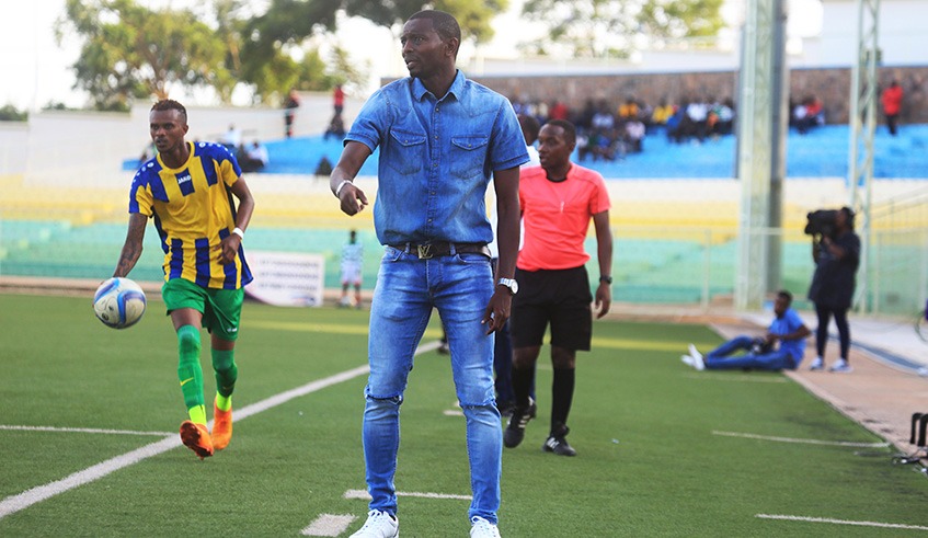 AS Kigali head coach Djuma Masudi gestures to his players during a past league match against Sunrise FC at Kigali stadium. Sam Ngendahimana.
