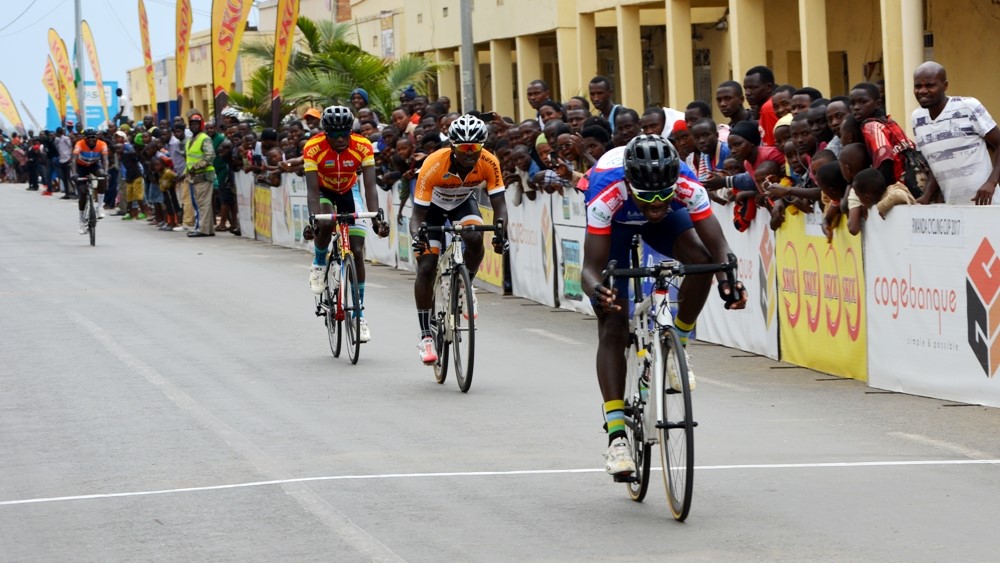 Gasore Hategeka crosses the finish-line during a past race in Rwanda Cycling Cup in Muhanga. File photo.