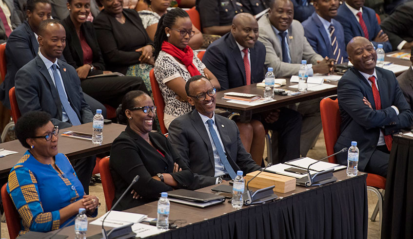 President Kagame and First Lady Jeannette Kagame, as well as Speaker of the Chamber of Deputies Donatille Mukabalisa (left) and Prime Minister u00c9douard Ngirente (far right) and other officials and delegates on the last day of the 16th National Umushyikirano Council at Kigali Convention Centre yesterday. Village Urugwiro.