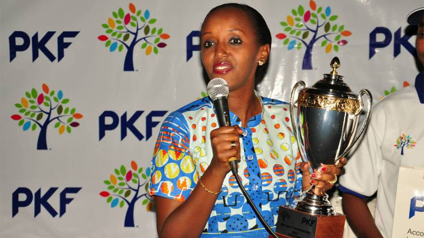 Alice Rwigema speaks during the awarding ceremony after winning the 2017 PKF Golf Tournamentu2019s title at Kigali Golf Club. File.