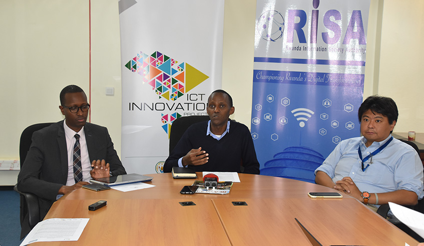 Antoine Sebera, the Government Chief Innovation Officer (Left)  Alex Ntale the Chief Executive of the ICT Chamber of PSF and Atsishi Yamanaka, a Japan International Corporation Agency official during a press briefing at Telecom House. Courtesy.