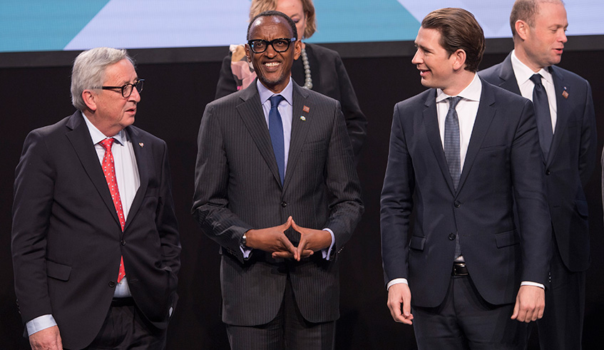 President Kagame with Jean Claude Juncker, the President of the European Commission (left) and Austriau2019s Federal Chancellor Sebastian Kurz during the High-Level Africa-Europe Forum in Vienna on Tuesday. President Kagame co-chaired the forum in his capacity as Chairperson of the African Union. Chancellor Kurz, who was the other co-chair, currently heads the Council of European Union. Village Urugwiro.