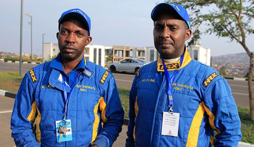 Jean Claude Gakwaya (Left), seen here with his navigator Jean Claude Mugabo, had his blue Subaru Imprezau2019s engine broken in an accident late last year, and was not replaced until mid-2018. File photo.