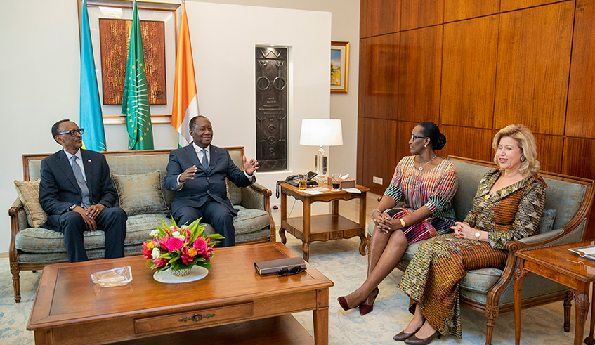 President Paul Kagame with his host and Ivorian counterpart, Alassane Ouattara together with First Ladies Mrs Jeannette Kagame and Dominique Ouattara. The President was, on the first of the two-day State visit, awarded the Grand-Croix de lu2019Ordre National de Cu00f4te du2019Ivoire and Grade de Commandeur de lu2019Ordre National de Cu00f4te du2019Ivoire. The two are among the highest medals of honour in the west African country.Village Urugwiro.