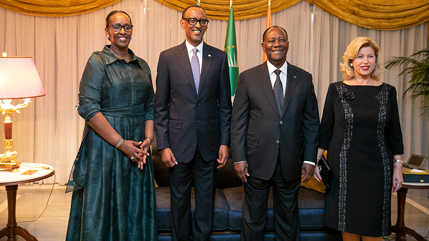 President Kagame, First Lady Jeannette Kagame, and their hosts; Ivorian President Alassane Ouattara and wife Dominique Ouattara on Thursday. On the last day of the two-day state visit, Kagame told business leaders in Abidjan that Africa has the potential to wean itself off dependence on foreign aid. Village Urugwiro.