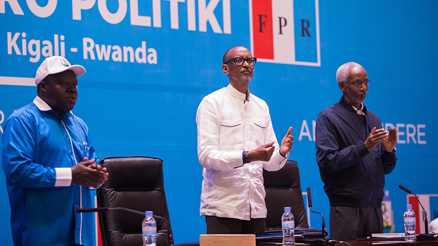 President Kagame, who is also the Chairman of Rwanda Patriotic Front (RPF), during RPF Bureau Politique meeting at the partyu2019s headquarters in Rusororo, Gasabo District yesterday. Left is Christophe Bazivamo, RPF Vice President while on the right is Franu00e7ois Ngarambe, RPF Secretary General. Village Urugwiro.