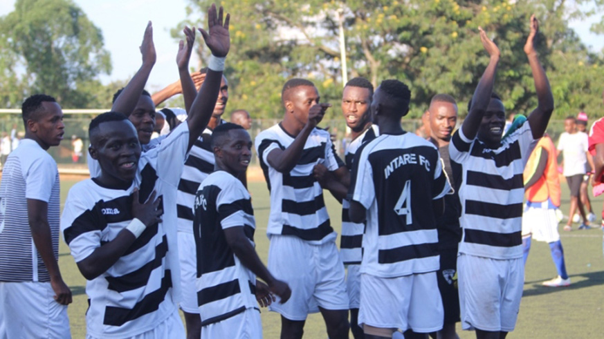 Intare FC players celebrate after beating Pepiniere during playoffs of the 2017-18 second division season at Kicukiro Stadium in June. File photo.