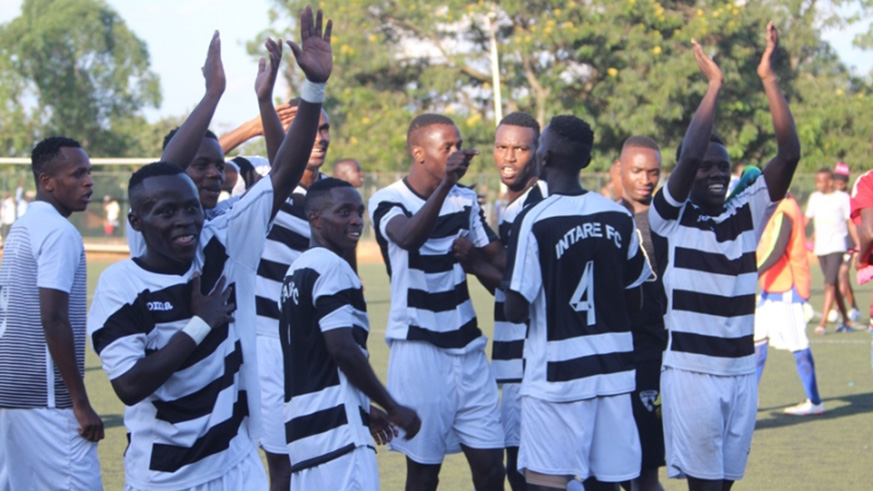 Intare FC players celebrate after beating Pepiniere during playoffs of the 2017-18 second division season at Kicukiro Stadium in June. File photo.