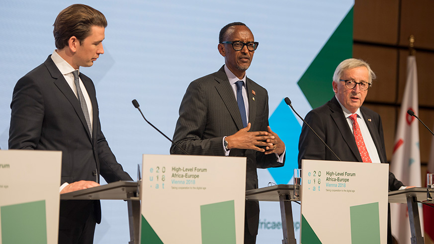 President Kagame with Austrian Chancellor Sebastian Kurz and Jean Claude Juncker, the President of the European Commission during the Africa-EU Summit in Vienna last week. Village Urugwiro.