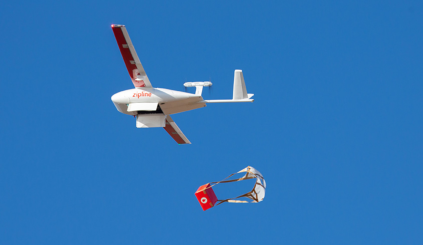 A drone drops a package of medical products. Courtesy.