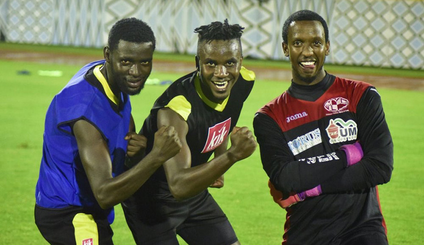 Bertrand Iradukunda (L) Onesme Twizerimana (M) and goalie Umar Rwabugiri (R) have been instrumental in Mukurau2019s shining start to the 2018-19 season. They are seen here in a past training session at Amahoro Stadium. File.