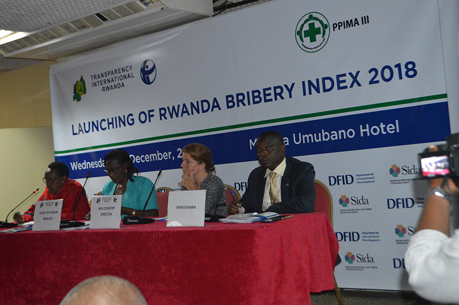 Transparency International Rwanda Chairperson Marie Immaculee Ingabire, Hon Minister of state in the ministry of local government Dr. Mukabaramba Alvera, Country Director of Norwegian Peopleu2019s Aid Mrs. Roisin Devale, Deputy Ombudsman of preventing and fighting corruption Mr. Clement Musangabatware during the event.