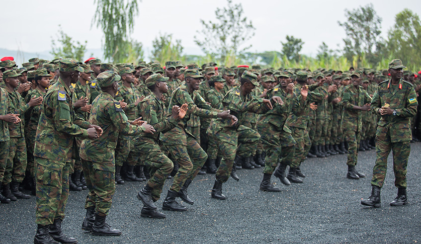 Rwanda Defence Force servicemen in a morale-boosting session during the recent Combined Arms Field Training Exercise held at the Combat Training Centre at Gabiro in Gatsibo District. The exercise was concluded by President Paul Kagame earlier this month. Urugwiro Village