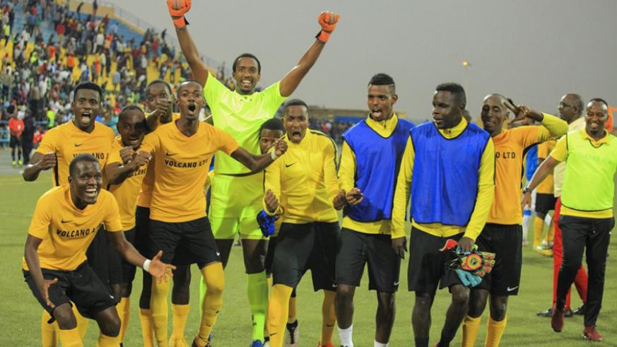 Mukura Victory Sports players celebrate after beating Hilal Obayed to reach the playoffs round at Huye Stadium a fortnight ago. Courtesy.