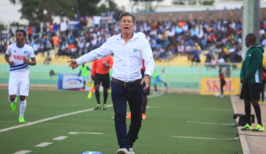 Rayon Sports head coach ,the Brazilian Roberto Oliveira Goncalves do Carmo reacts to his players during a past match. Sam Ngendahimana.